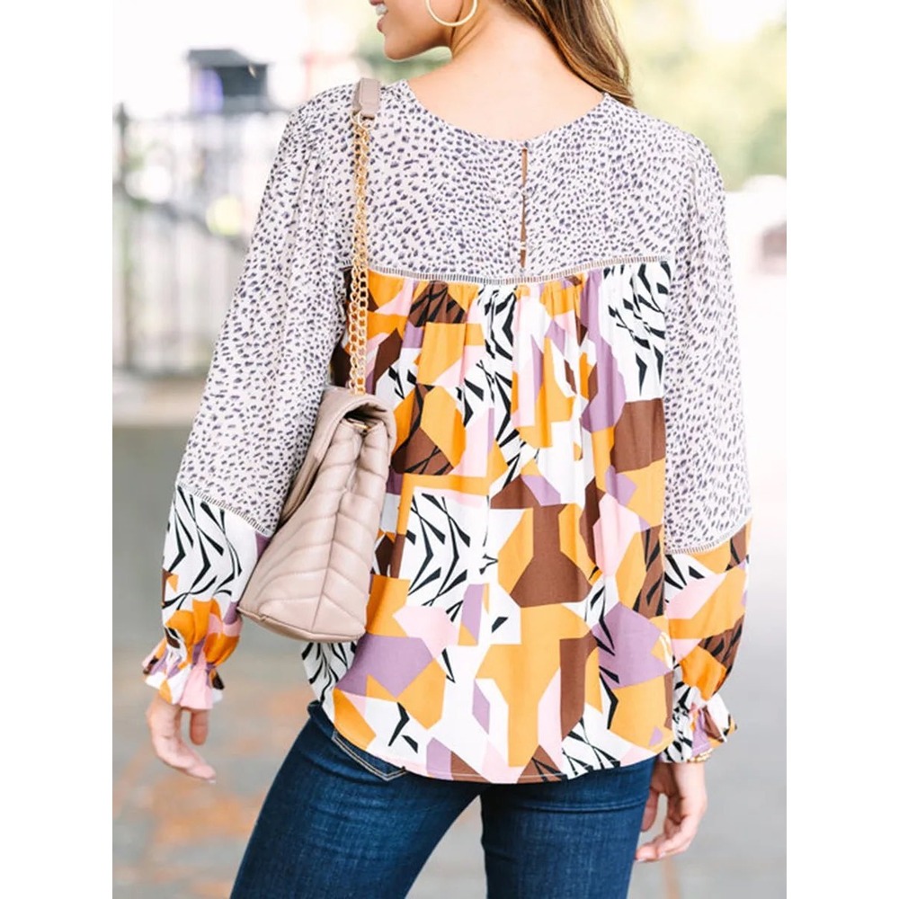 Fate Mixed Print Geometric Animal Print Blouse Mustard Mauve Small NWT - Picture 2 of 8
